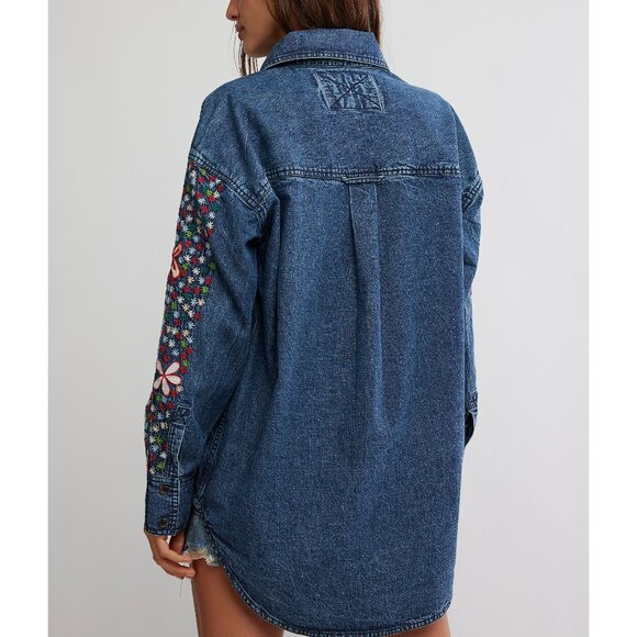 FREE PEOPLE Rainbow Embroidered Denim Shirt / Rinse Wash - Picture 2 of 6